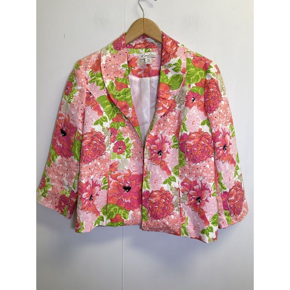 Kim Rogers Jacket Womens Medium Petite Pink Floral‎ Blazer Lined Pockets